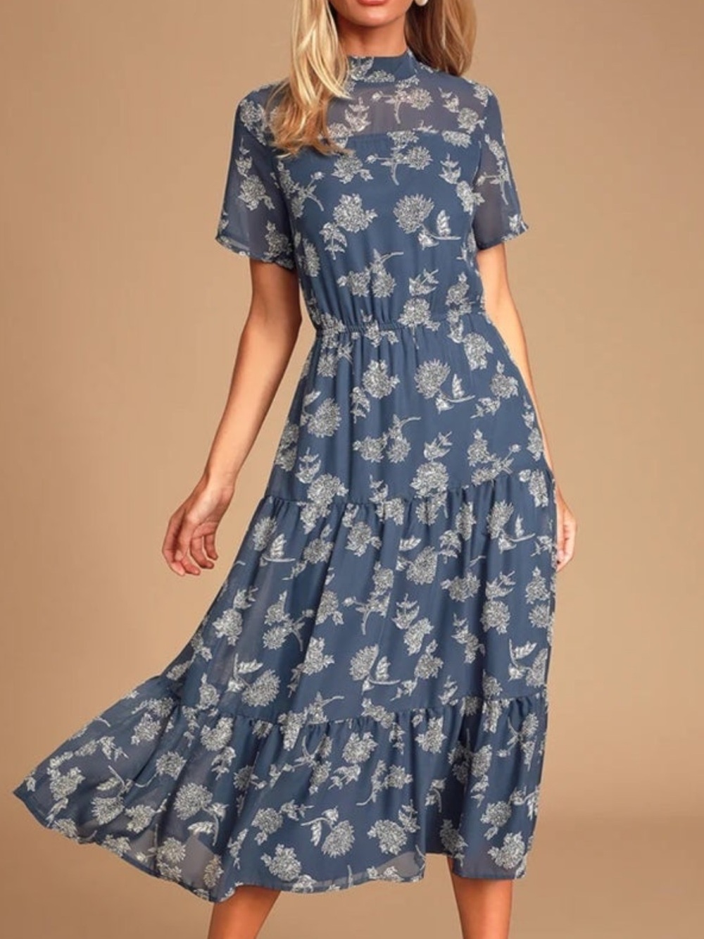 Lulu's Dressed Up Dusty Blue Floral Tiered Midi Dress